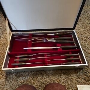 Vintage Carving Set with Dark Walnut Wood Handles - MCM